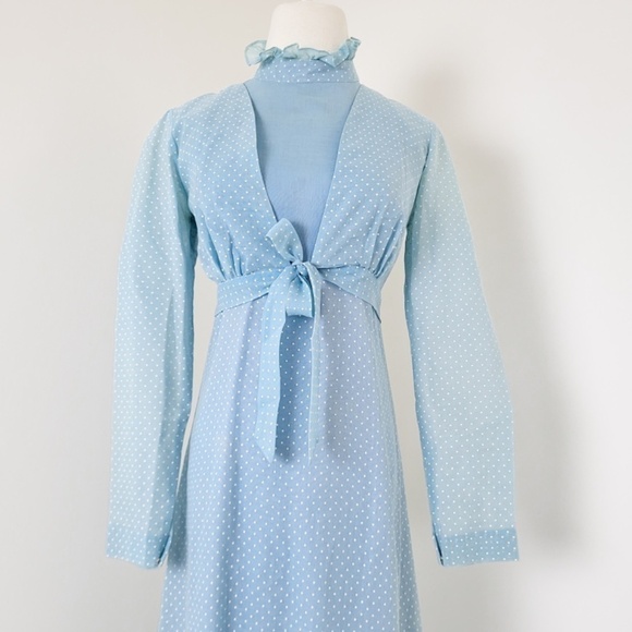 70's Baby Blue Maxi Dress Bolero Cardigan Halter High Neck Ruffles Floor Length - Picture 12 of 16